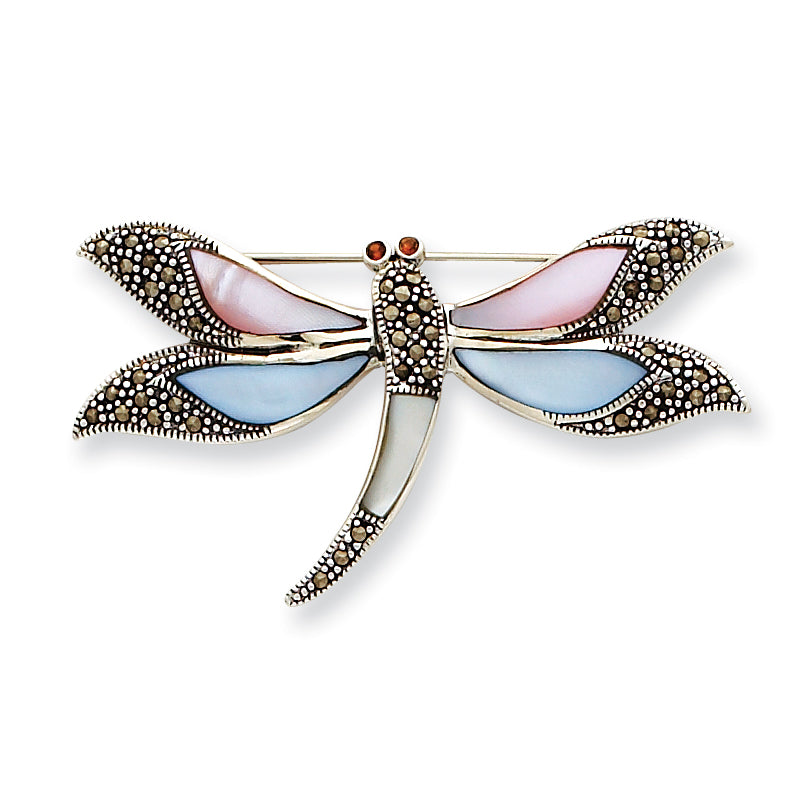 Sterling Silver Marcasite and Mother of Pearl Dragon Fly Pin