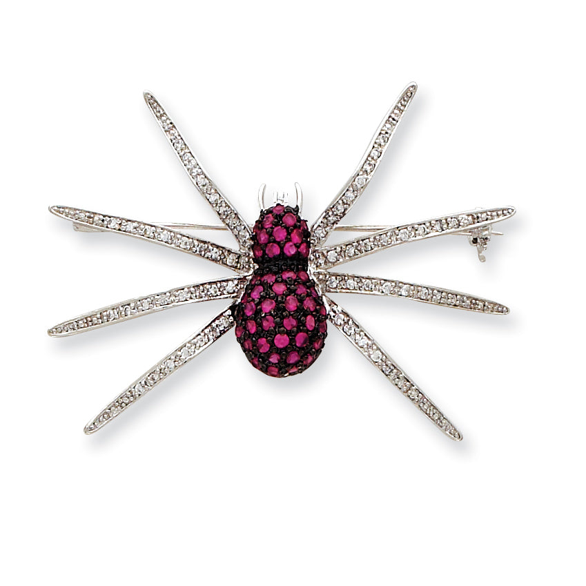 Sterling Silver Black Rhodium Pink CZ Spider Pin