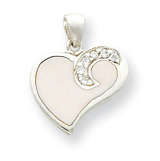 Sterling Silver CZ and White Enameled Heart Pendant