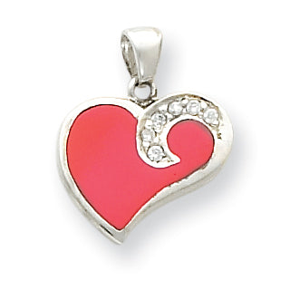Sterling Silver CZ and Pink Enameled Heart Pendant