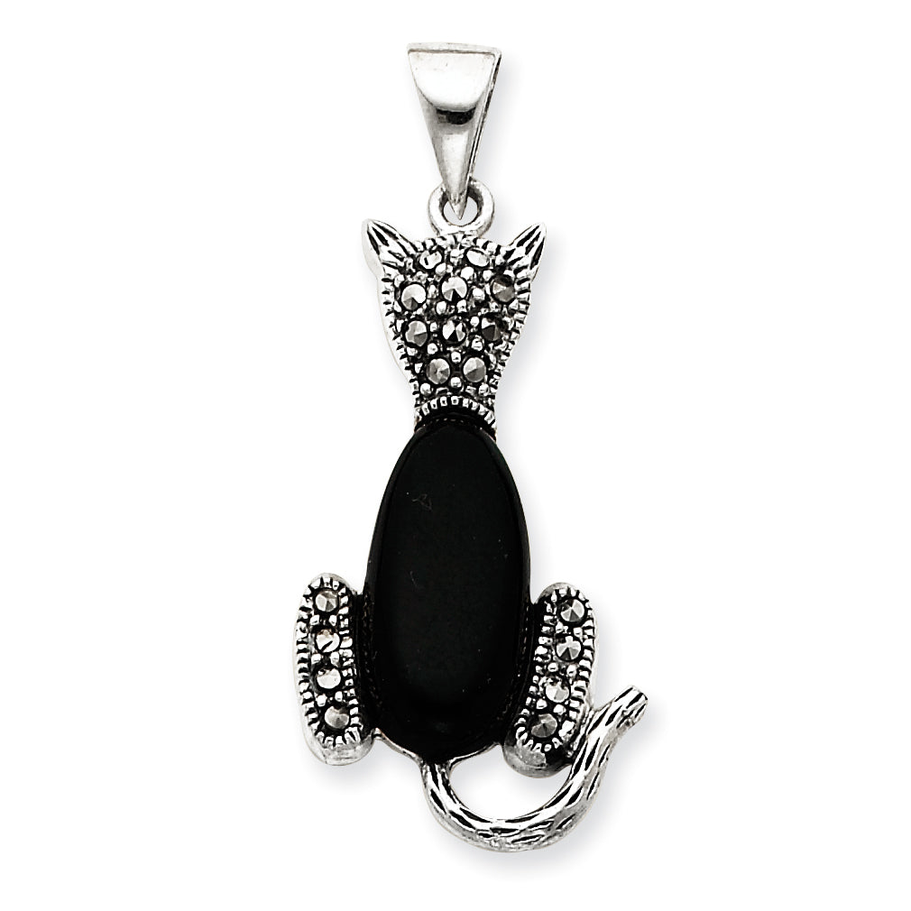 Sterling Silver Marcasite & Onyx Cat Pendant