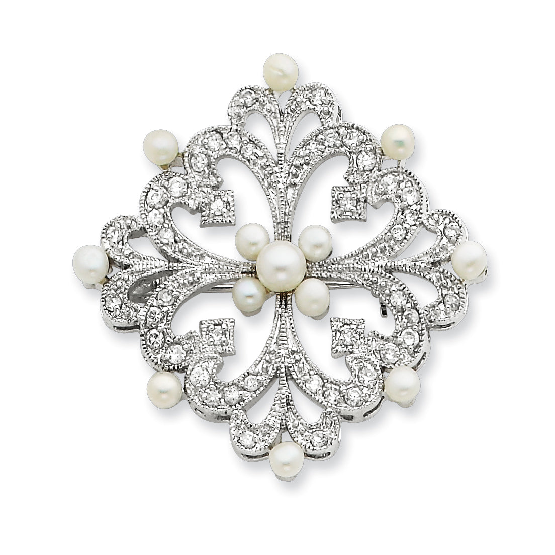 Sterling Silver Freshwater Pearl & CZ Pin