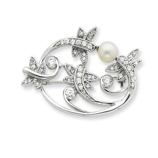 Sterling Silver Imitation Pearl and CZ Pin
