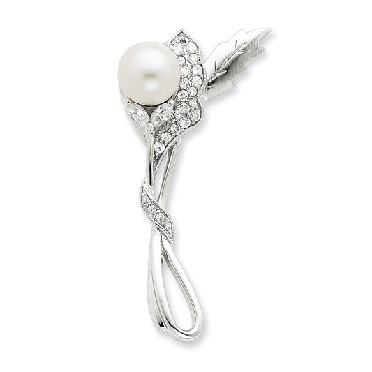 Sterling Silver Imitation Pearl and CZ Pin