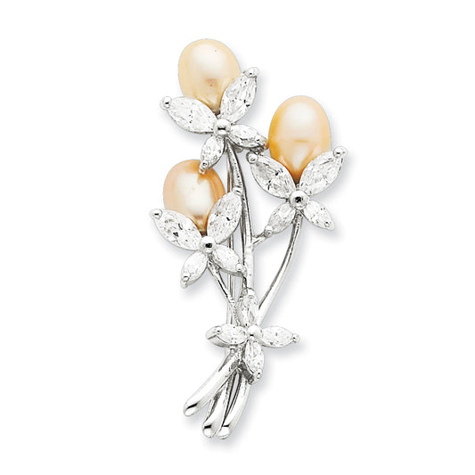 Sterling Silver Freshwater Pearl & CZ Floral Pin
