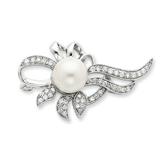 Sterling Silver Imitation Pearl and CZ Pin
