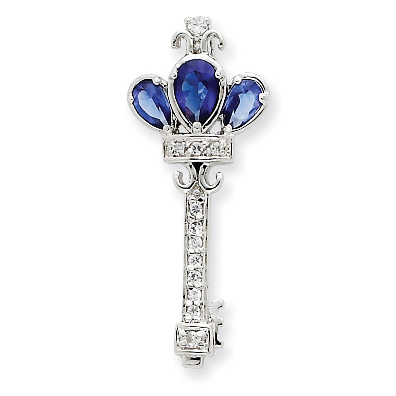 Sterling Silver Blue Glass & CZ Key Pendant