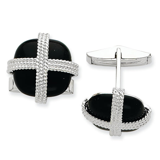 Sterling Silver Criss Cross & Black Onyx Cuff Links