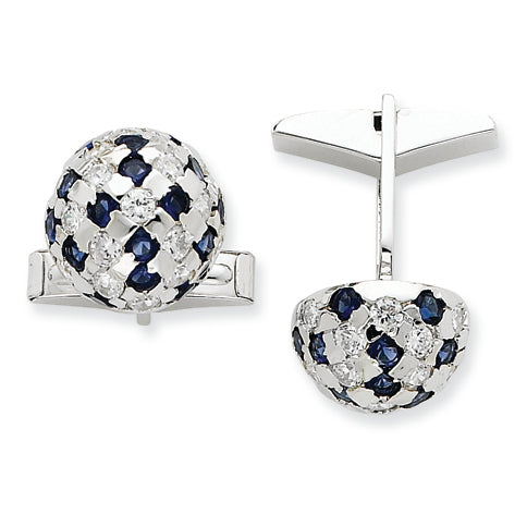 Sterling Silver Domed Blue and Clear CZ Woven Cuff Links