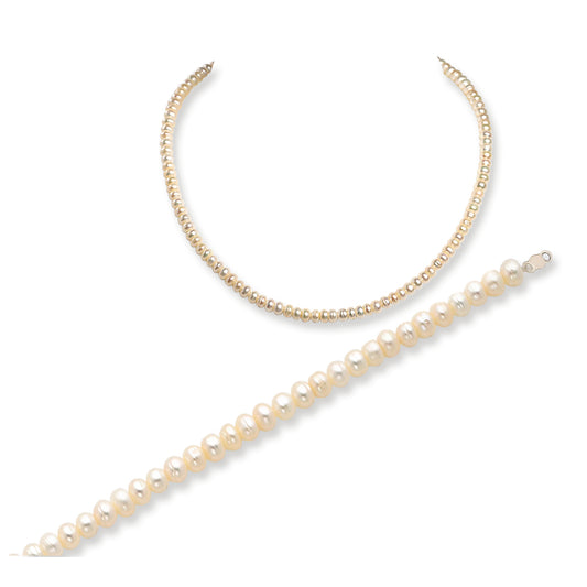 Sterling Silver Freshwater Cultured Button Pearl Bracelet/Necklace Set