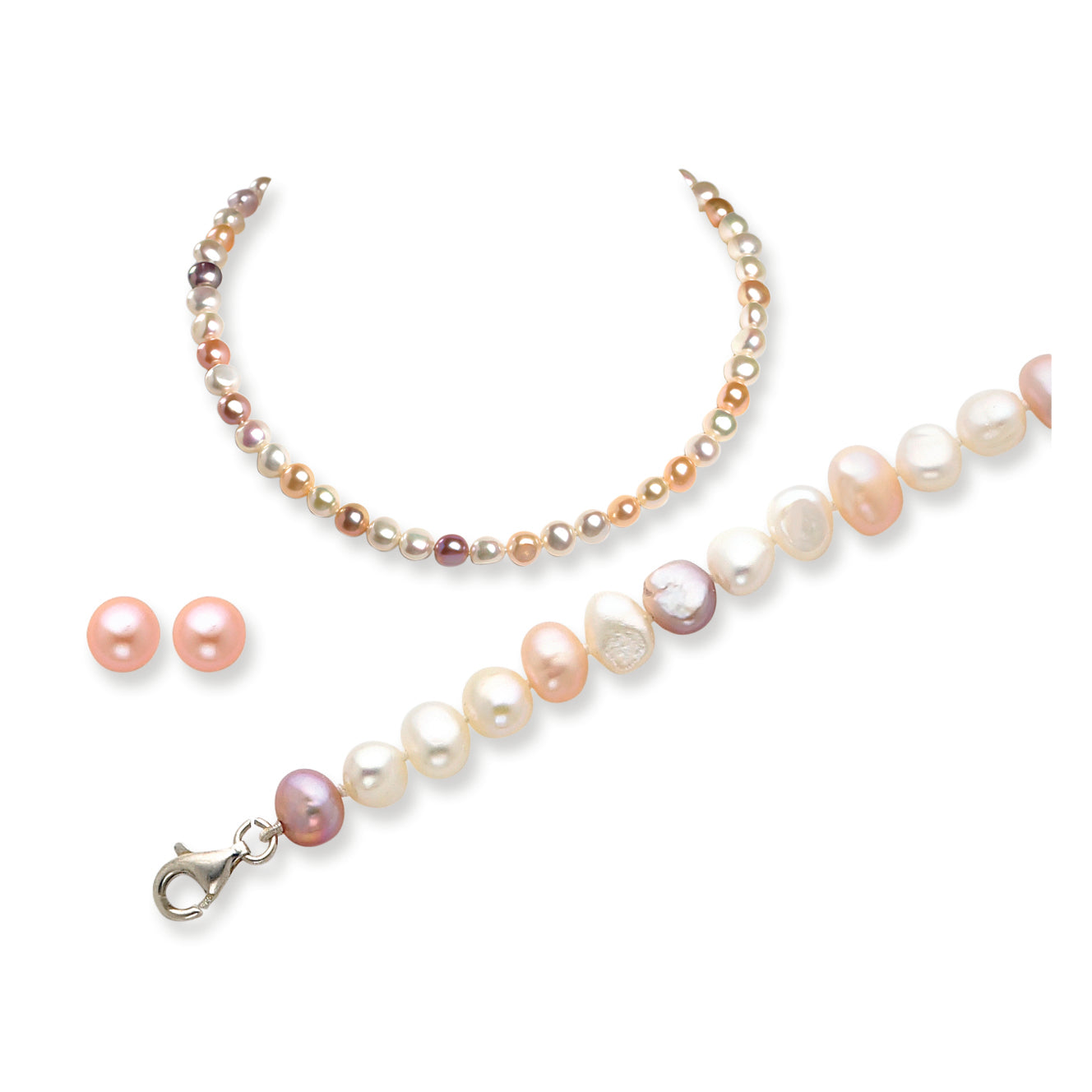 Sterling Silver Multicolor FW Cultured Pearl Earring/Bracelet/Necklace Set