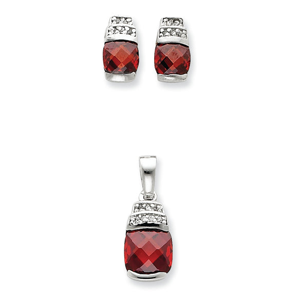 Sterling Silver Red & Clear CZ Pendant & Earring Set
