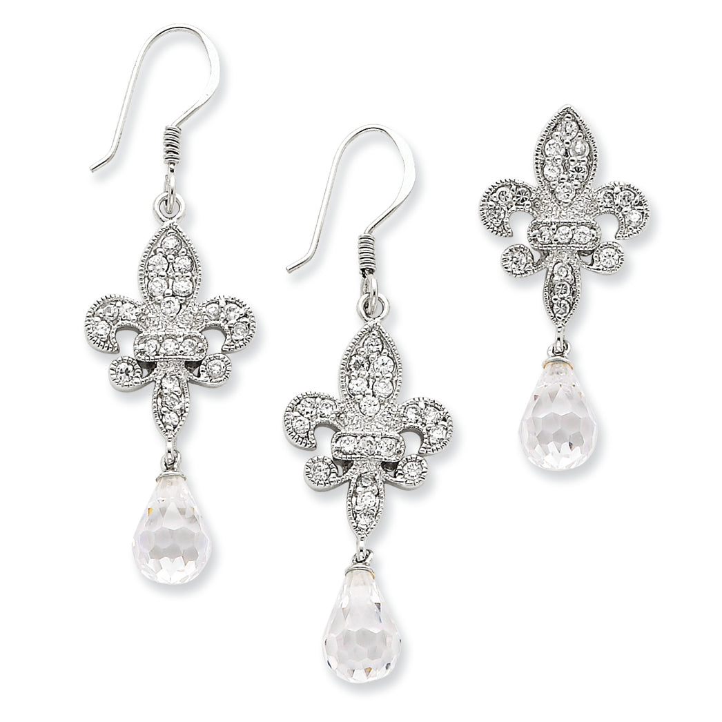 Sterling Silver Fleur-de-lis CZ Earring & Pendant Set