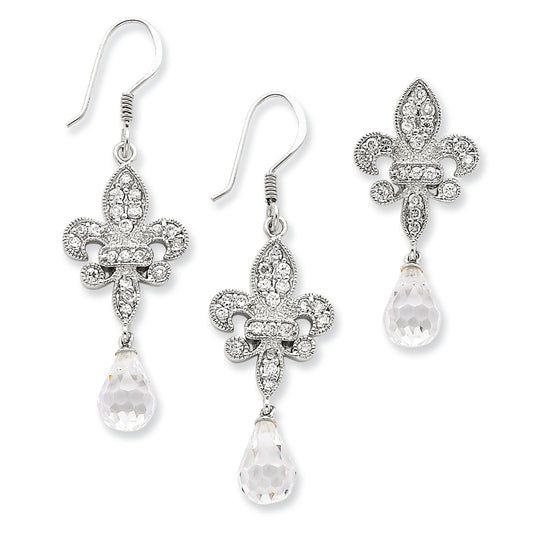 Sterling Silver Fleur-de-lis CZ Earring & Pendant Set
