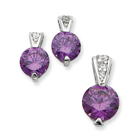 Sterling Silver Purple Color CZ Earrings and Pendant Set