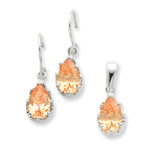 Sterling Silver Champagne CZ Earrings and Pendant Set