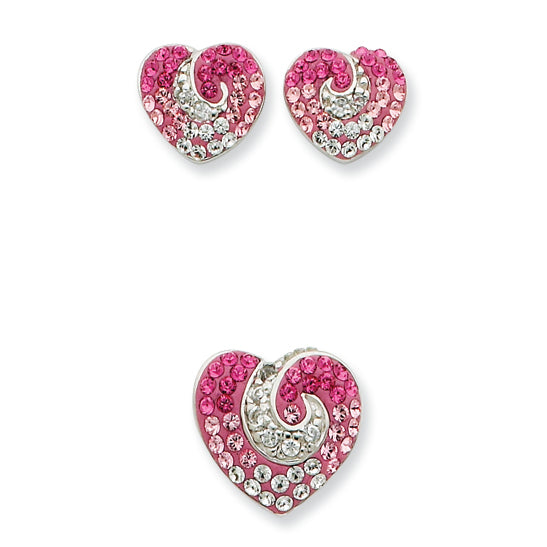 Sterling Silver Pink CZ & Crystal Heart Earrings and Pendent Set