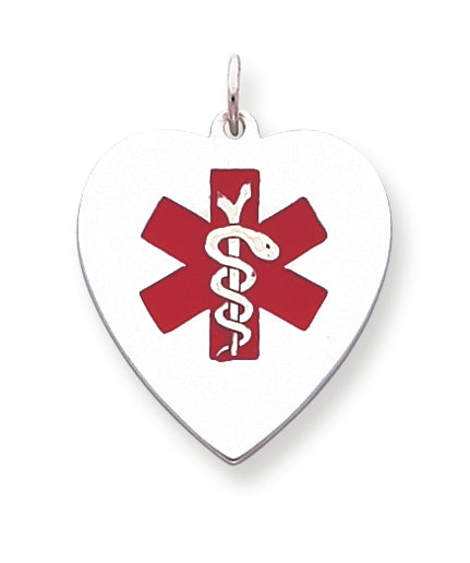 Sterling Silver Engraveable Red Enameled Large Heart Medical Pendant
