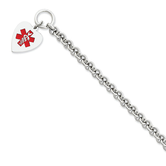 Sterling Silver Engraveable Enameled Heart Medical ID Bracelet 7.75 Inches