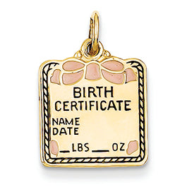 14K Gold Enameled Pink Engravable Birth Certificate Charm