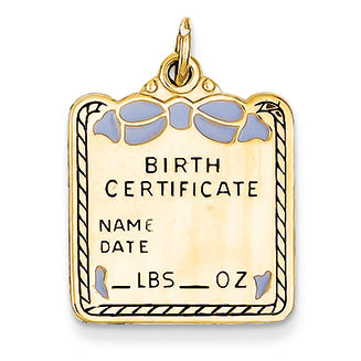 14K Gold Enameled Blue Engravable Birth Certificate Charm