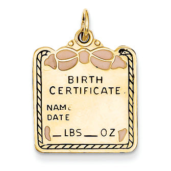14K Gold Enameled Pink Engravable Birth Certificate Charm