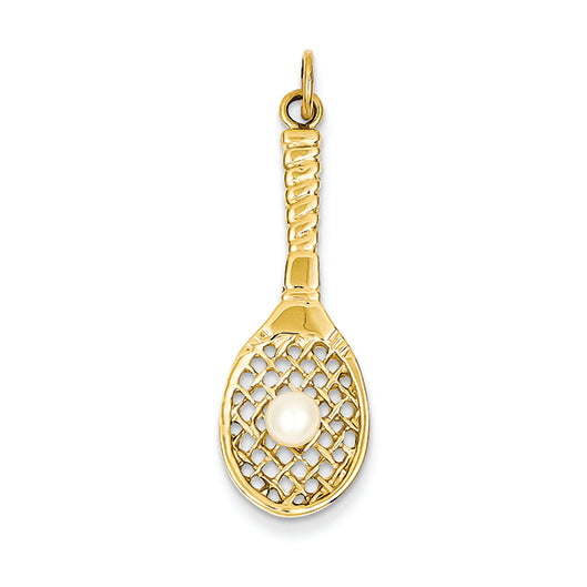 14K Gold Tennis Racquet with Cultured Pearl Charm