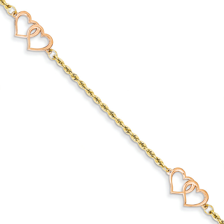 14K Gold Two-tone Double Heart Bracelet 10 Inches