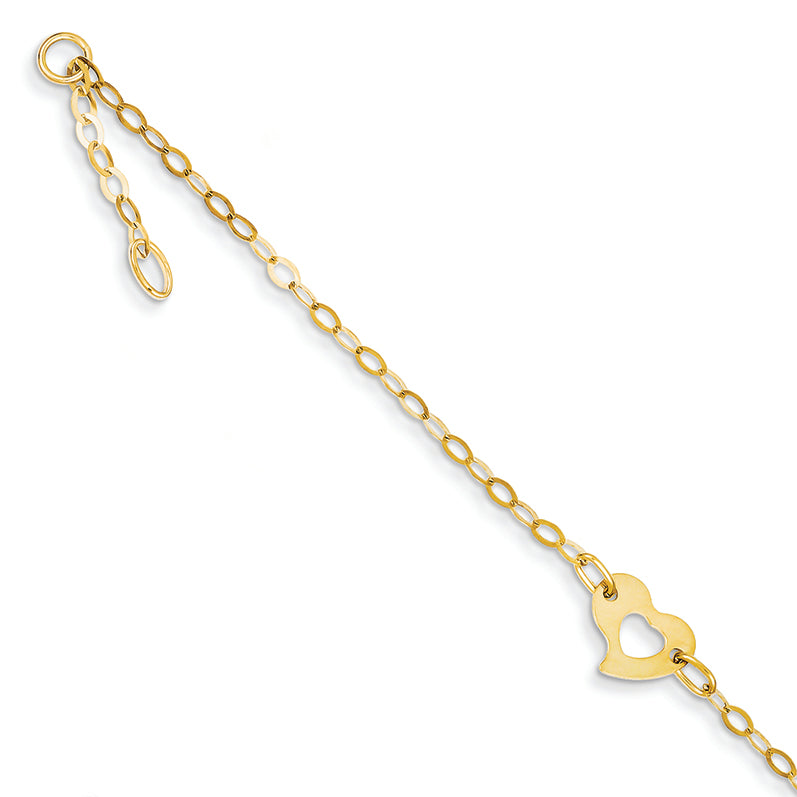 14K Gold Polished Heart Anklet 10 Inches