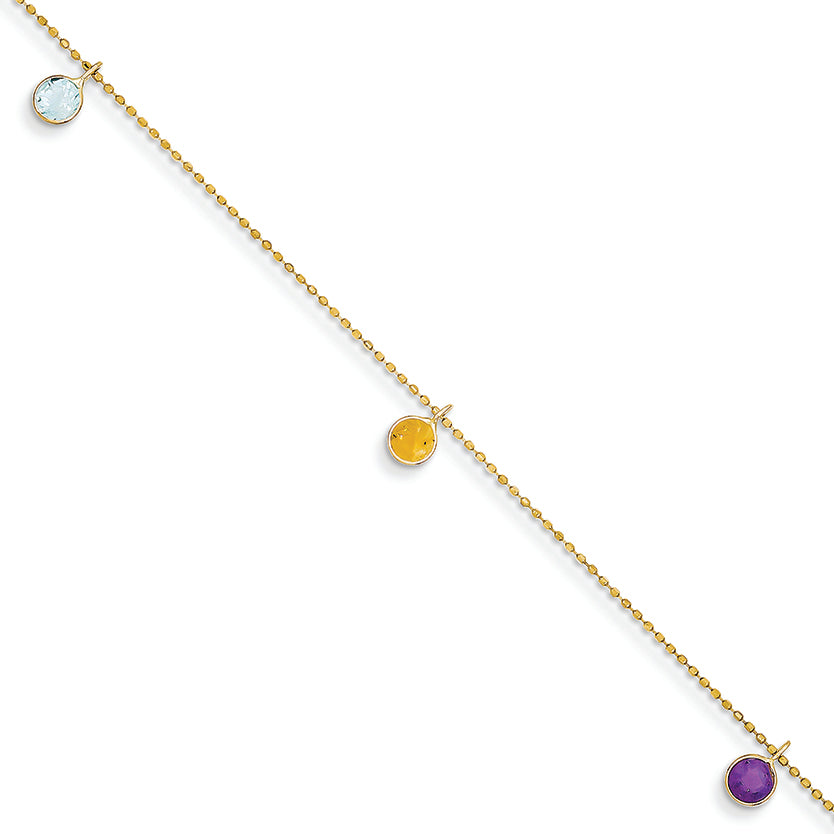 14K Gold 9 Inch Multi-colored Gemstone Anklet 9 Inches