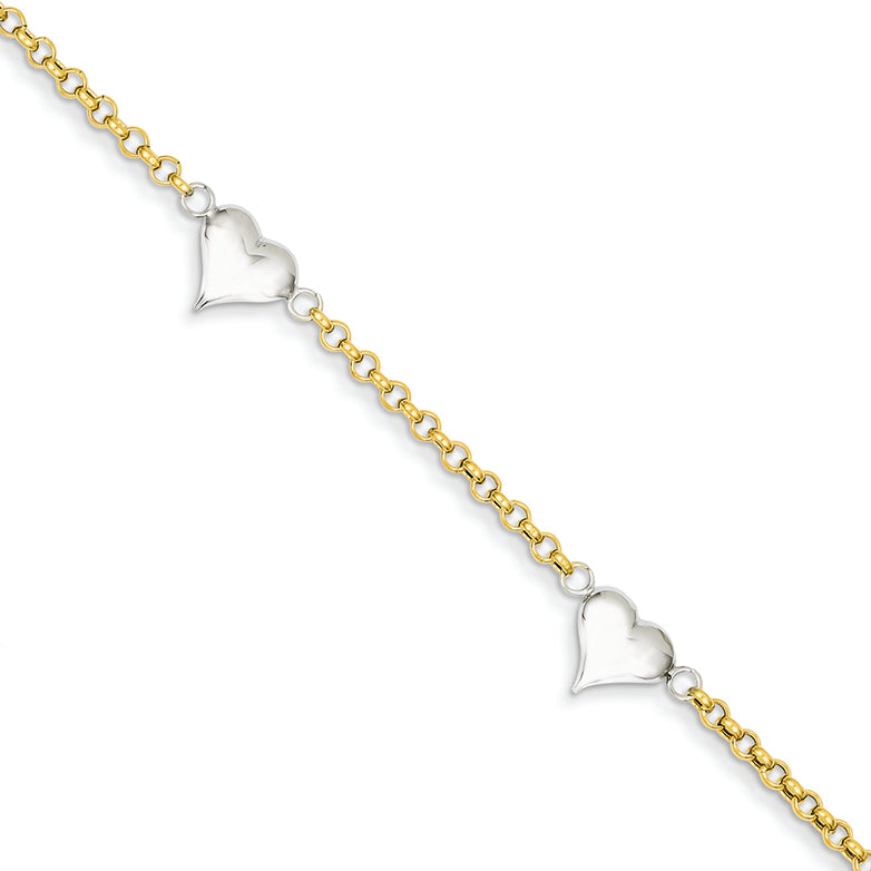 14K Gold Two-tone with Puffed Hearts Anklet 10 Inches