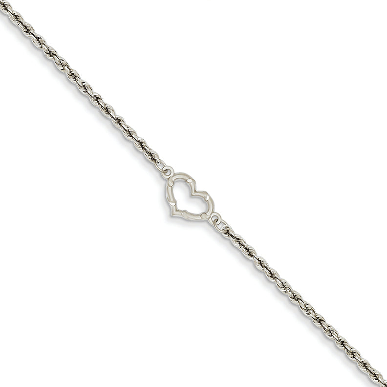 14K White Gold Rope with Heart Anklet 10 Inches