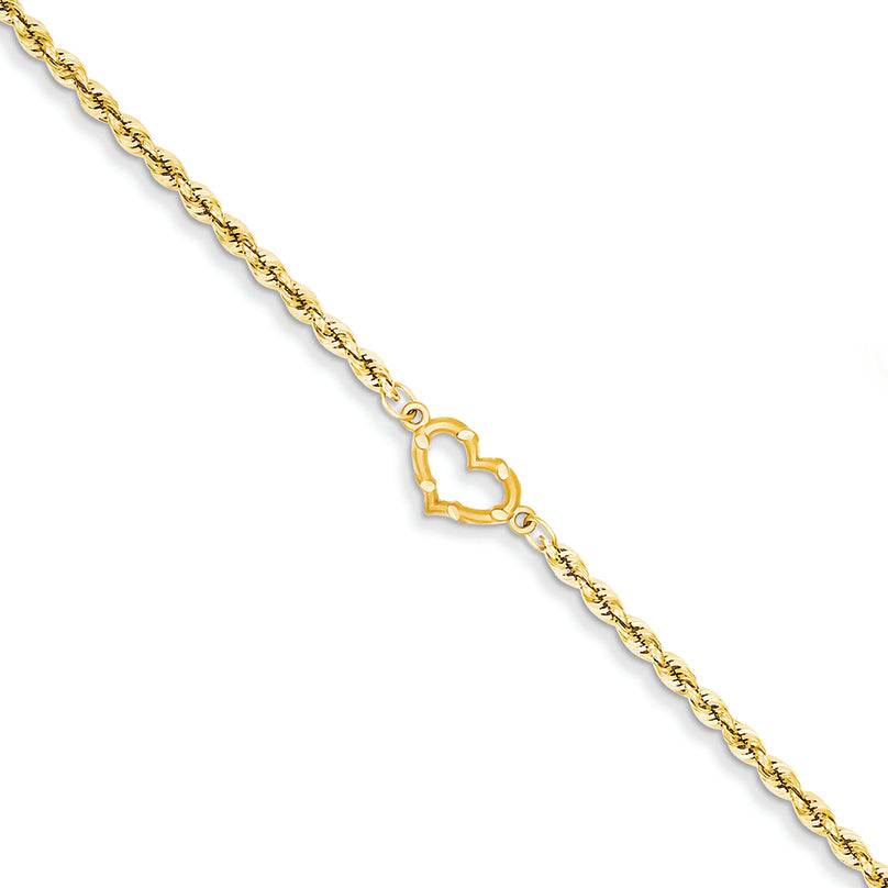 14K Gold Open Heart Rope Anklet 10 Inches