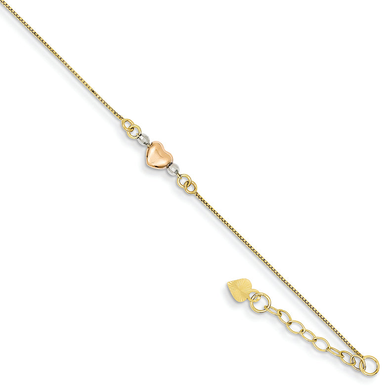 14K Gold Tri-Color Adjustable Puffed Heart 9 Inches