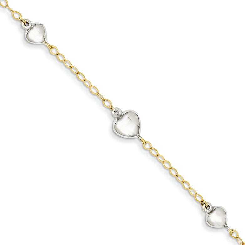 14K Gold Two-tone Puffed Heart & Keys Anklet 10 Inches