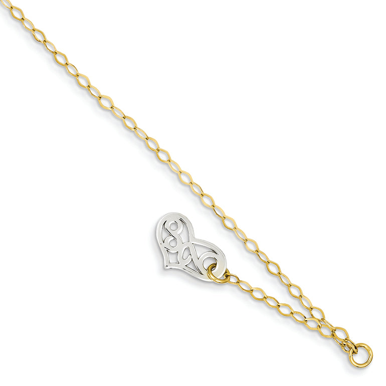 14K Gold Two-tone Dangle Heart Anklet 10 Inches
