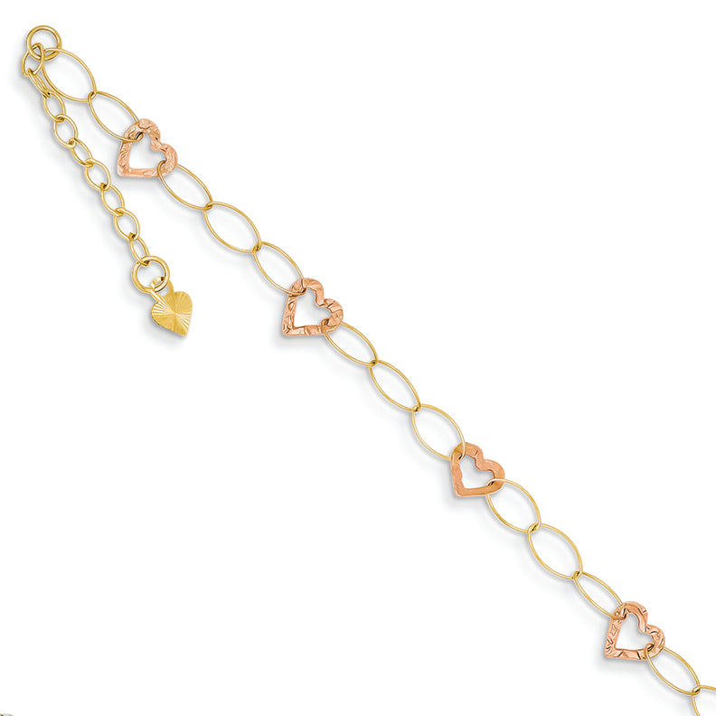 14K Gold Two-tone Adjustable Heart Anklet w/1" extension 9 Inches