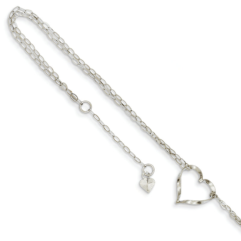 14K White Gold Double Strand Heart Anklet 9 Inches