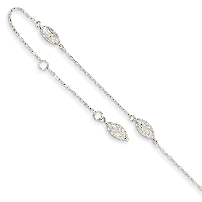 14K White Gold Puffed Rice Bead Anklet 9 Inches