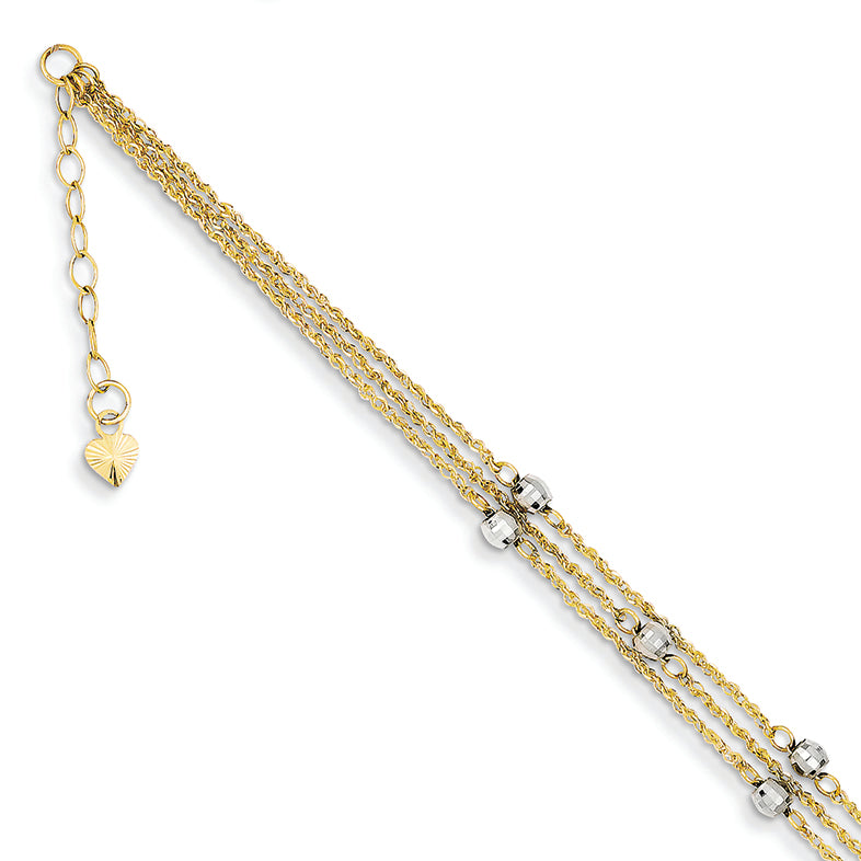 14K Gold Two-tone Triple Strand Anklet 9 Inches