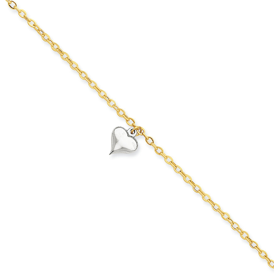 14K Gold Two-tone Dangle Heart 9.25 in w/ 1in ext Anklet 10 Inches