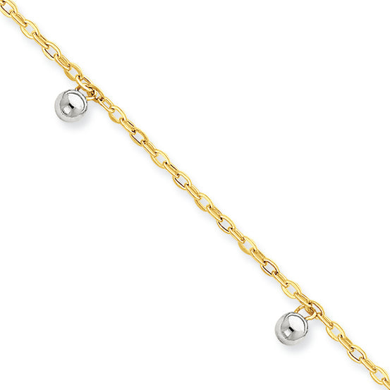 14K Gold Two-tone Dangle Bead 9.25 in w/ 1in ext Anklet 10 Inches