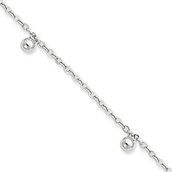 14K White Gold Dangle Bead 9.25 in w/ 1in ext Anklet 10 Inches