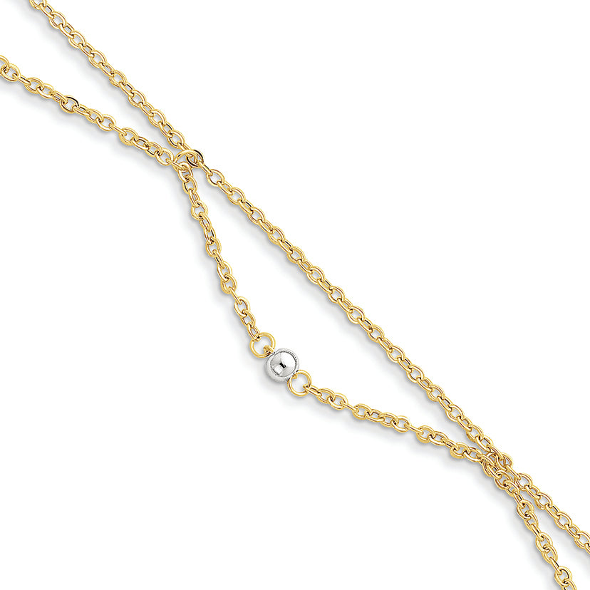14K Gold Two-tone Draped Bead 9.25 in w/ 1in ext Anklet 10 Inches