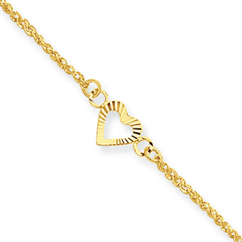 14K Gold Diamond-cut Hearts with 9in 1in ext Anklet 10 Inches