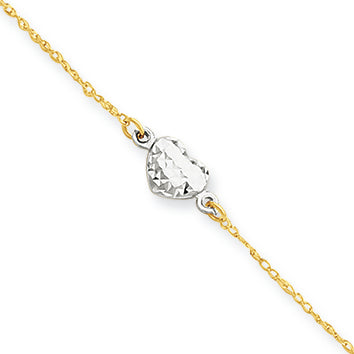 14K Gold Two-tone Puff Heart 9in with 1in ext Anklet 10 Inches