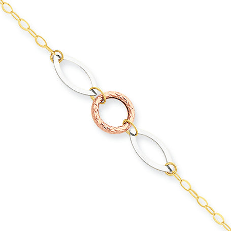 14K Gold Tri-color Circle & Oval with 1in ext Anklet 10 Inches