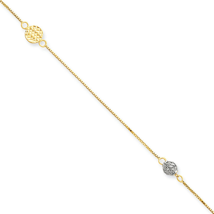 14K Gold Two-tone Puff Circle with 1in ext Anklet 10 Inches