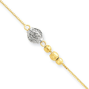 14K Gold Two-tone Bead with 9"w/1in ext Anklet 10 Inches