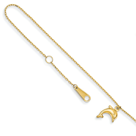 14K Gold Dolphin Charm w/1 inch Extension Anklet 10 Inches